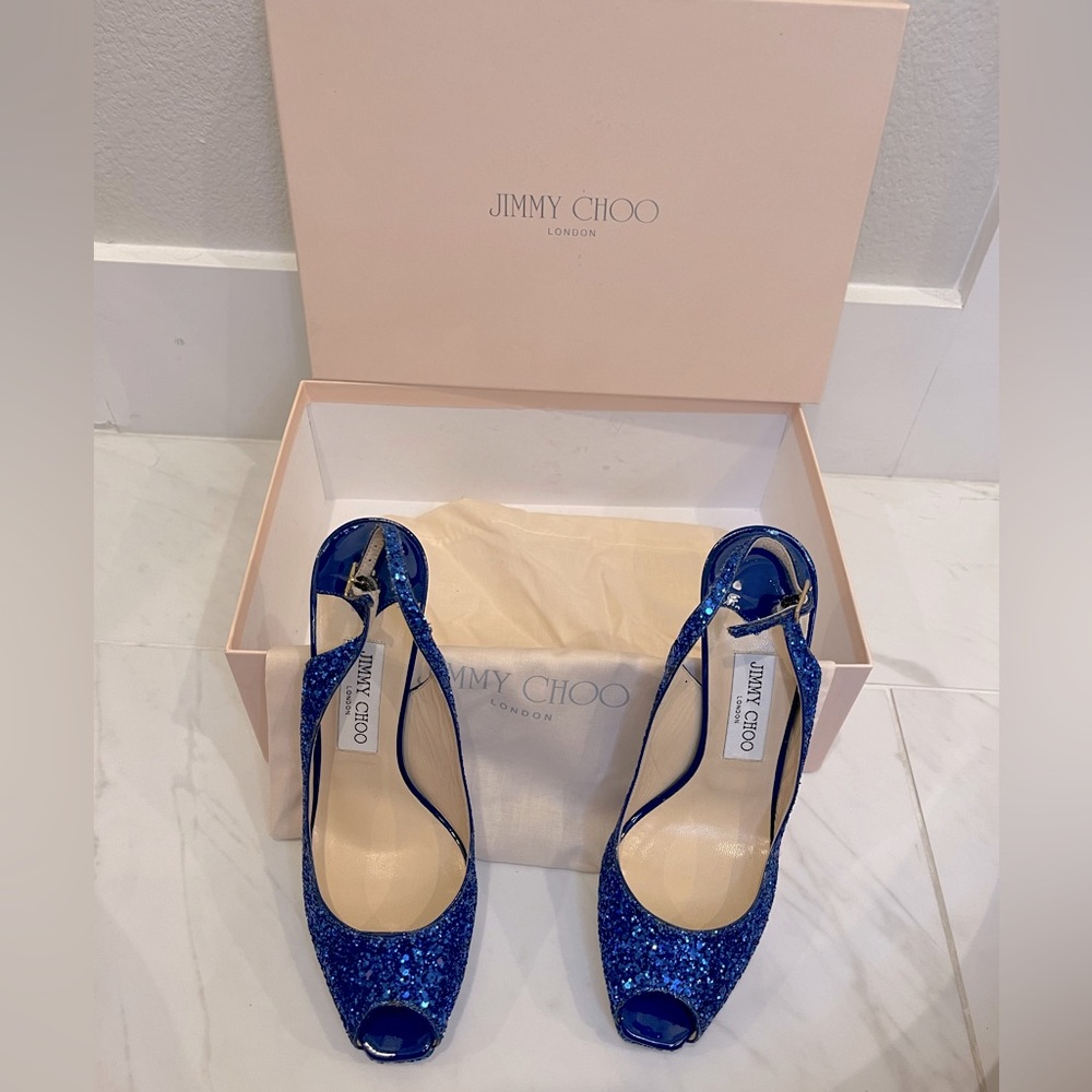 Jimmy Choo Blue Glitter Peeptoe Heels Slingback 38